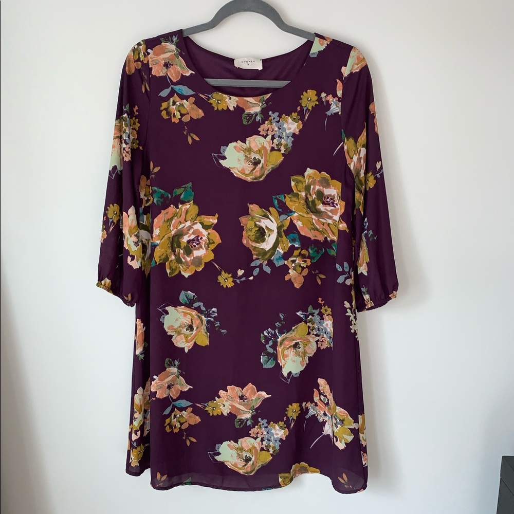 Everly Floral 3/4 Sleeve Shift Dress Purple Size S